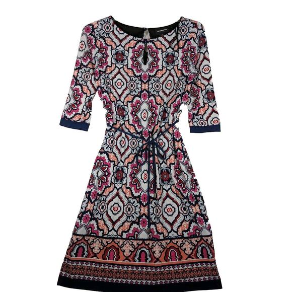 Liz Claiborne dress y2k Sz S Border Print Keyhole Lined,Corded Belt.Moroccan - Picture 1 of 8